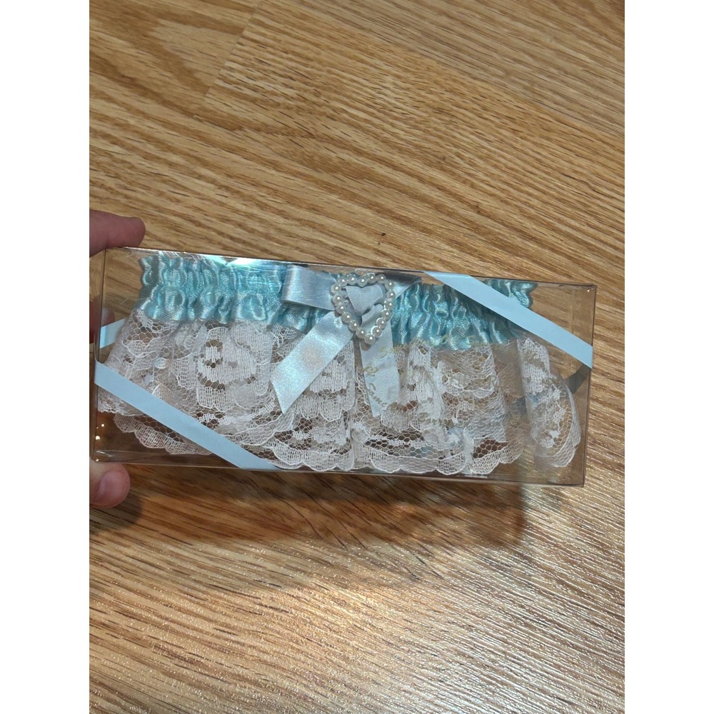 Light Blue and White Lace Wedding Garter with Pearl Heart Charm Bridal Accessory